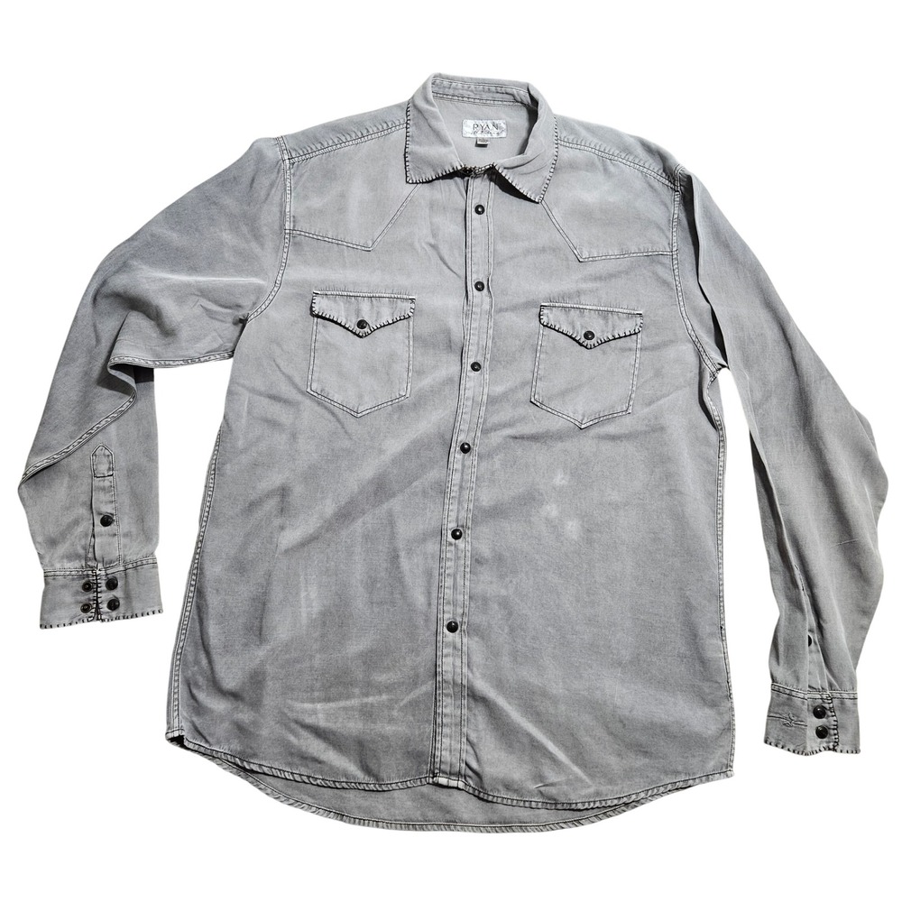 Ryan Michael Embossed Western Shirt Mens Large Grey Silk Blend Whipstitch Snap *